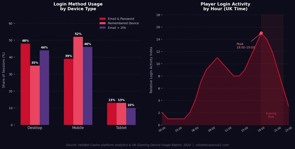 VeloBet Casino Login Method by Device Type and Hourly Player Login Activity UK